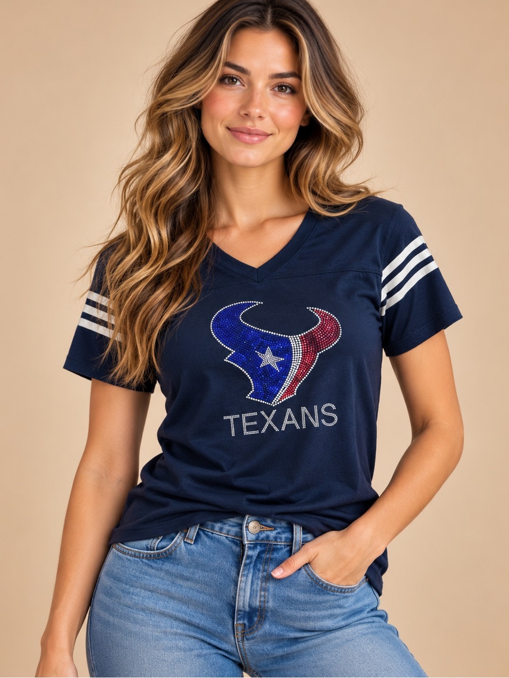 Houston Texans Rhinestone Bling Football V-Neck Tee Navy M